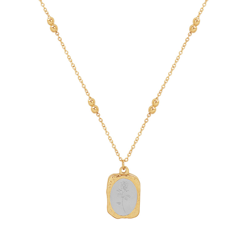 SSeeSY Custom Design PVD 18K Gold Plated Stainless Steel Rectangle Pendant Necklace Rose Engraving Trendy Women Chain Gift